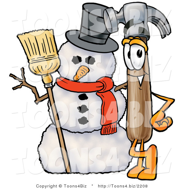 Illustration of a Cartoon Hammer Mascot with a Snowman on Christmas
