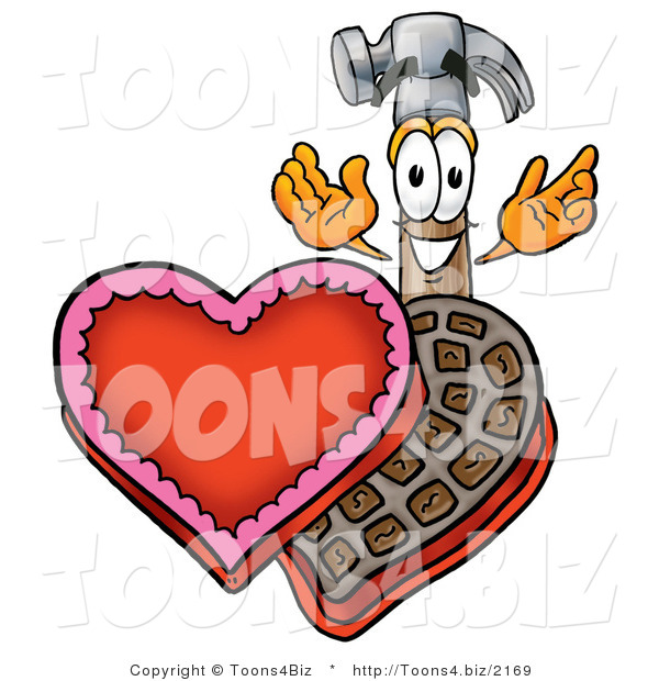 Illustration of a Cartoon Hammer Mascot with an Open Box of Valentines Day Chocolate Candies