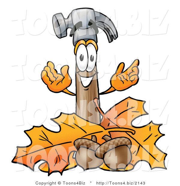 Illustration of a Cartoon Hammer Mascot with Autumn Leaves and Acorns in the Fall
