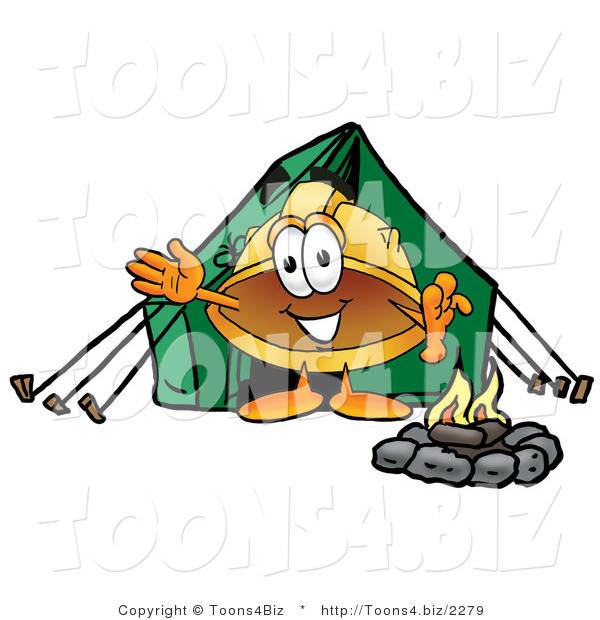 Illustration of a Cartoon Hard Hat Mascot Camping with a Tent and Fire
