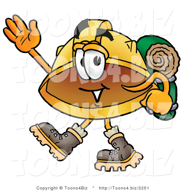 Illustration of a Cartoon Hard Hat Mascot Hiking and Carrying a Backpack