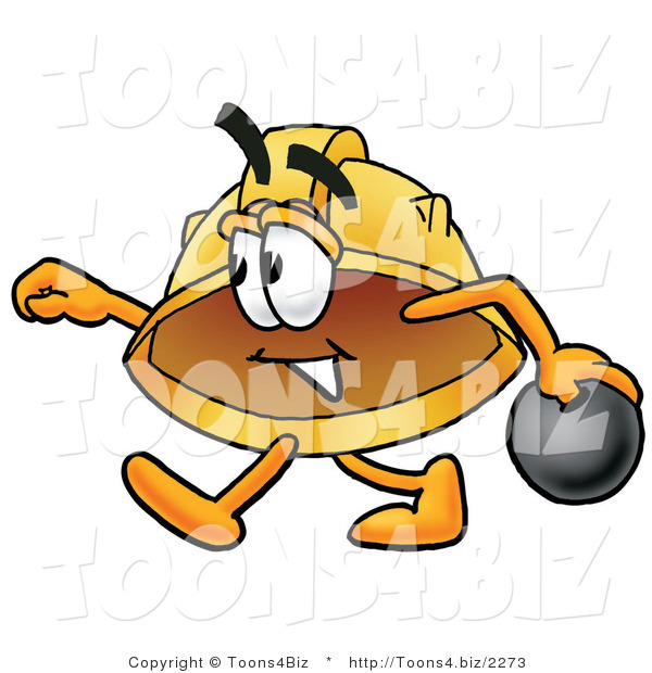 Illustration of a Cartoon Hard Hat Mascot Holding a Bowling Ball