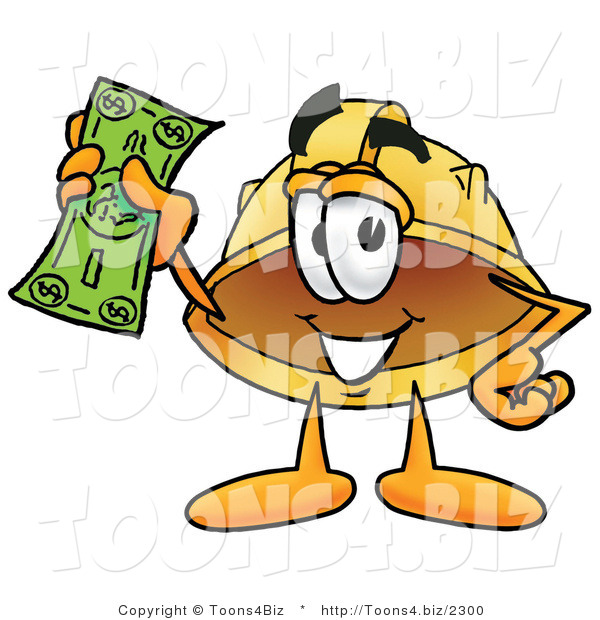 Illustration of a Cartoon Hard Hat Mascot Holding a Dollar Bill