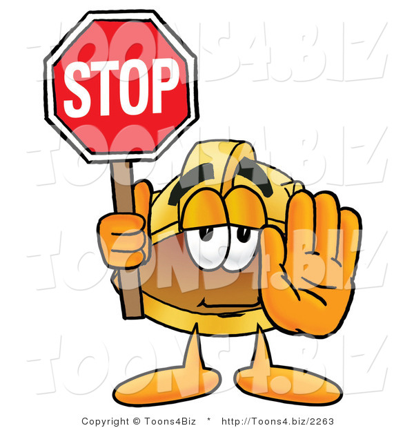Illustration of a Cartoon Hard Hat Mascot Holding a Stop Sign
