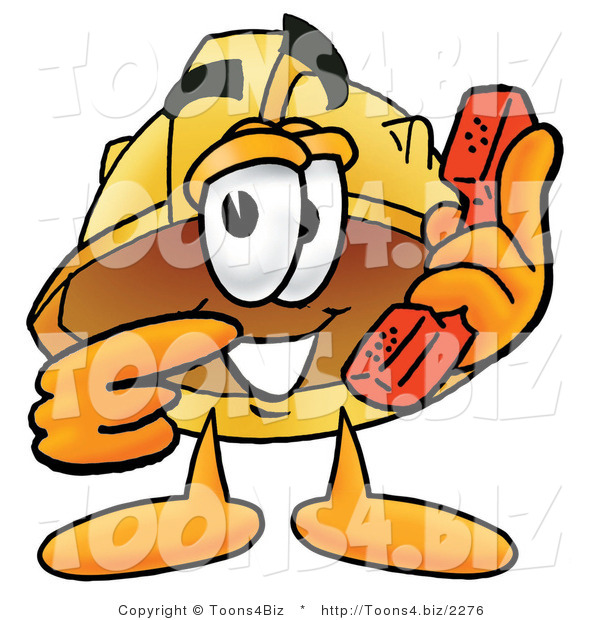 Illustration of a Cartoon Hard Hat Mascot Holding a Telephone