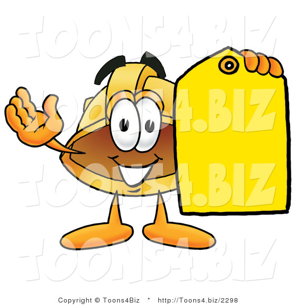 Illustration of a Cartoon Hard Hat Mascot Holding a Yellow Sales Price Tag
