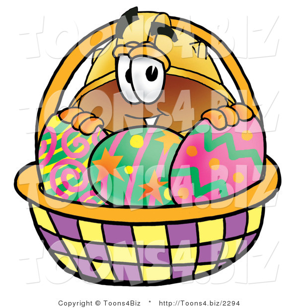 Illustration of a Cartoon Hard Hat Mascot in an Easter Basket Full of Decorated Easter Eggs