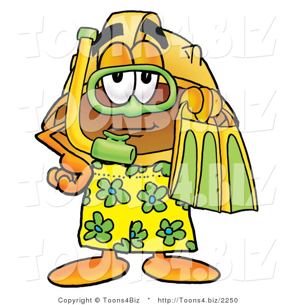 Illustration of a Cartoon Hard Hat Mascot in Green and Yellow Snorkel Gear