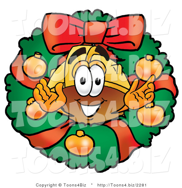 Illustration of a Cartoon Hard Hat Mascot in the Center of a Christmas Wreath