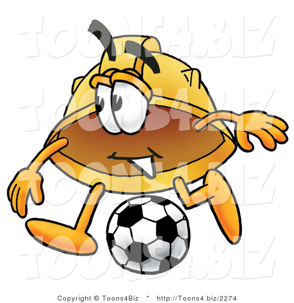 Illustration of a Cartoon Hard Hat Mascot Kicking a Soccer Ball