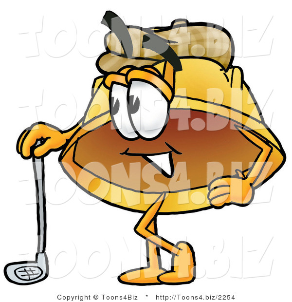 Illustration of a Cartoon Hard Hat Mascot Leaning on a Golf Club While Golfing