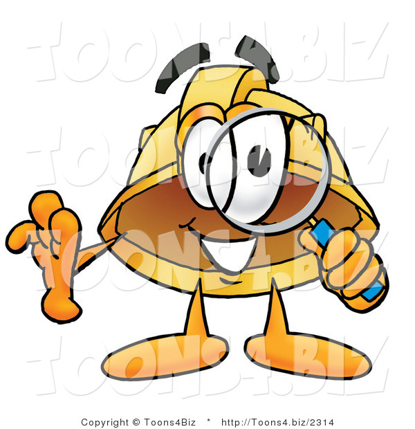 Illustration of a Cartoon Hard Hat Mascot Looking Through a Magnifying Glass