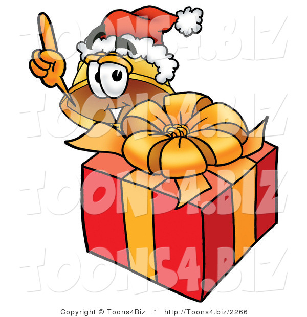 Illustration of a Cartoon Hard Hat Mascot Standing by a Christmas Present