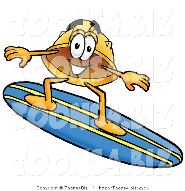 Illustration of a Cartoon Hard Hat Mascot Surfing on a Blue and Yellow Surfboard