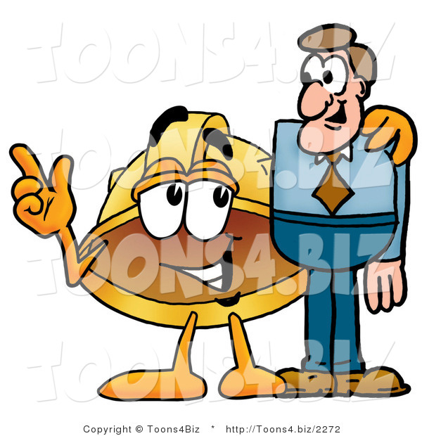 Illustration of a Cartoon Hard Hat Mascot Talking to a Business Man