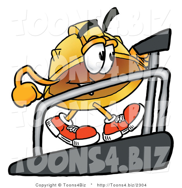 Illustration of a Cartoon Hard Hat Mascot Walking on a Treadmill in a Fitness Gym