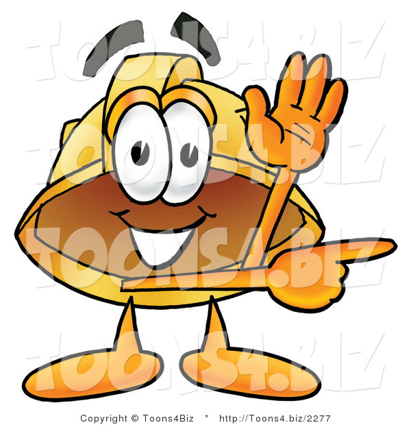 Illustration of a Cartoon Hard Hat Mascot Waving and Pointing