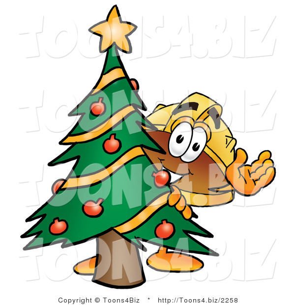 Illustration of a Cartoon Hard Hat Mascot Waving and Standing by a Decorated Christmas Tree