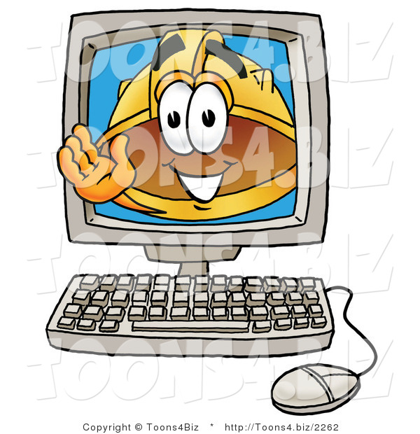 Illustration of a Cartoon Hard Hat Mascot Waving from Inside a Computer Screen