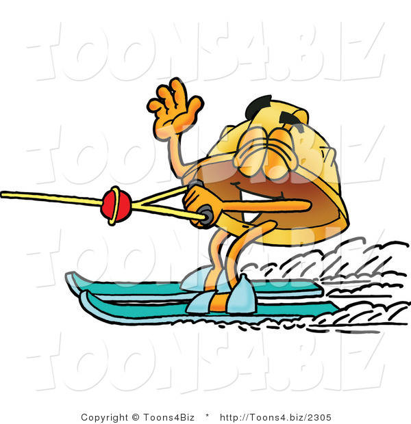 Illustration of a Cartoon Hard Hat Mascot Waving While Water Skiing