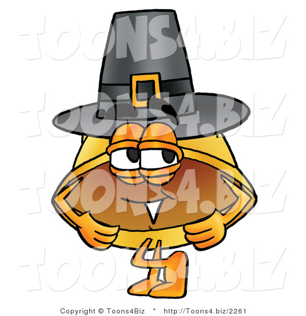 Illustration of a Cartoon Hard Hat Mascot Wearing a Pilgrim Hat on Thanksgiving