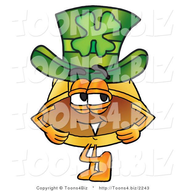 Illustration of a Cartoon Hard Hat Mascot Wearing a Saint Patricks Day Hat with a Clover on It