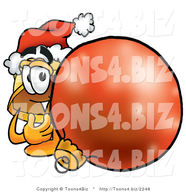 Illustration of a Cartoon Hard Hat Mascot Wearing a Santa Hat, Standing with a Christmas Bauble