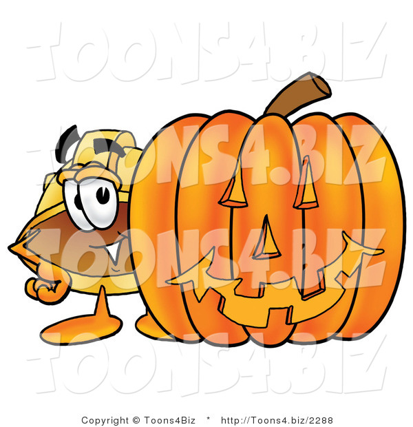 Illustration of a Cartoon Hard Hat Mascot with a Carved Halloween Pumpkin