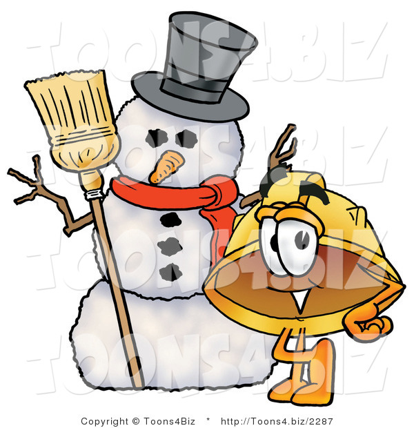 Illustration of a Cartoon Hard Hat Mascot with a Snowman on Christmas