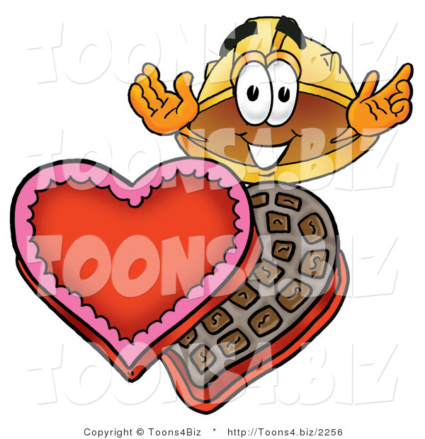 Illustration of a Cartoon Hard Hat Mascot with an Open Box of Valentines Day Chocolate Candies