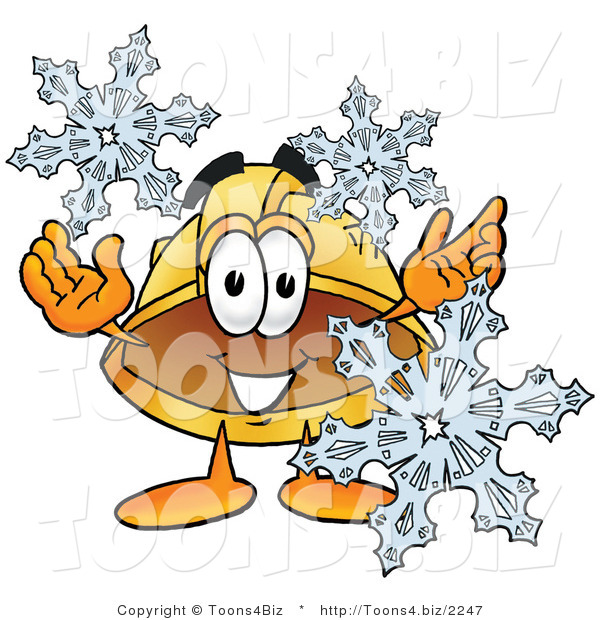 Illustration of a Cartoon Hard Hat Mascot with Three Snowflakes in Winter
