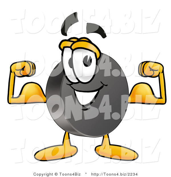 Illustration of a Cartoon Hockey Puck Mascot Flexing His Arm Muscles