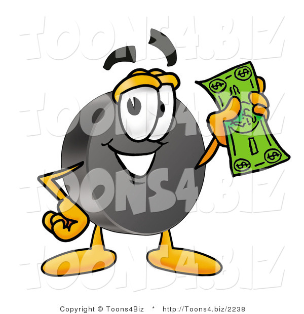 Illustration of a Cartoon Hockey Puck Mascot Holding a Dollar Bill