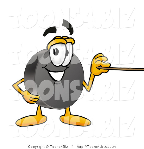 Illustration of a Cartoon Hockey Puck Mascot Holding a Pointer Stick