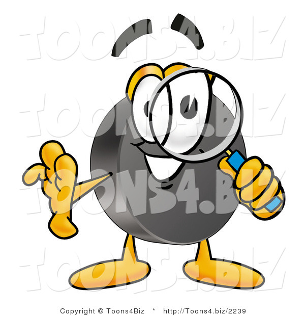 Illustration of a Cartoon Hockey Puck Mascot Looking Through a Magnifying Glass