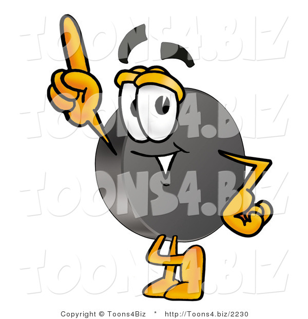 Illustration of a Cartoon Hockey Puck Mascot Pointing Upwards