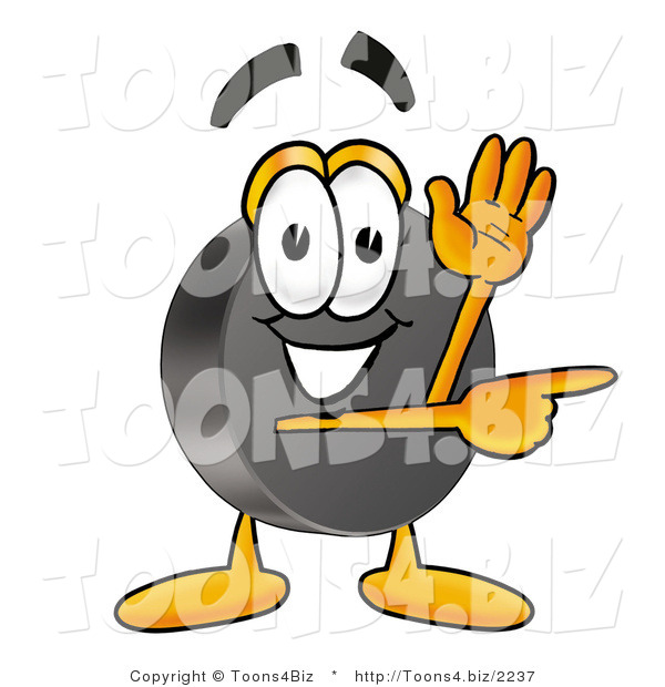 Illustration of a Cartoon Hockey Puck Mascot Waving and Pointing