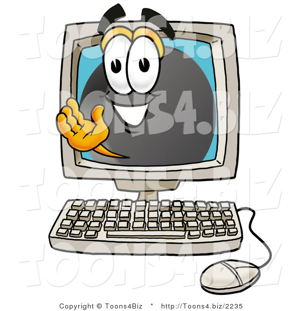 Illustration of a Cartoon Hockey Puck Mascot Waving from Inside a Computer Screen