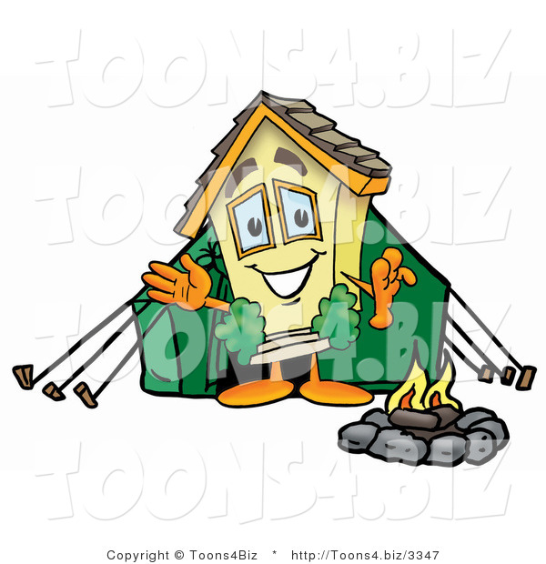 Illustration of a Cartoon House Mascot Camping with a Tent and Fire