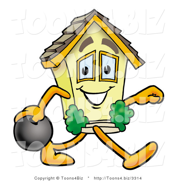 Illustration of a Cartoon House Mascot Holding a Bowling Ball