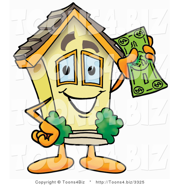 Illustration of a Cartoon House Mascot Holding a Dollar Bill