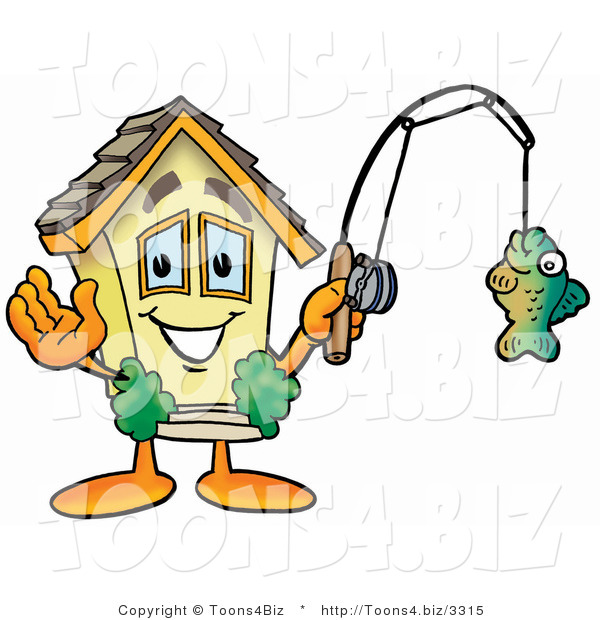 Illustration of a Cartoon House Mascot Holding a Fish on a Fishing Pole