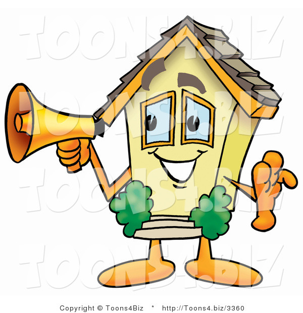 Illustration of a Cartoon House Mascot Holding a Megaphone