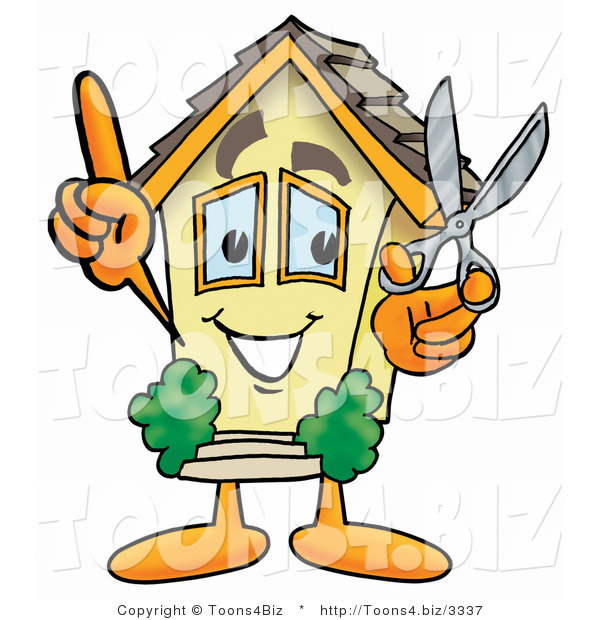 Illustration of a Cartoon House Mascot Holding a Pair of Scissors