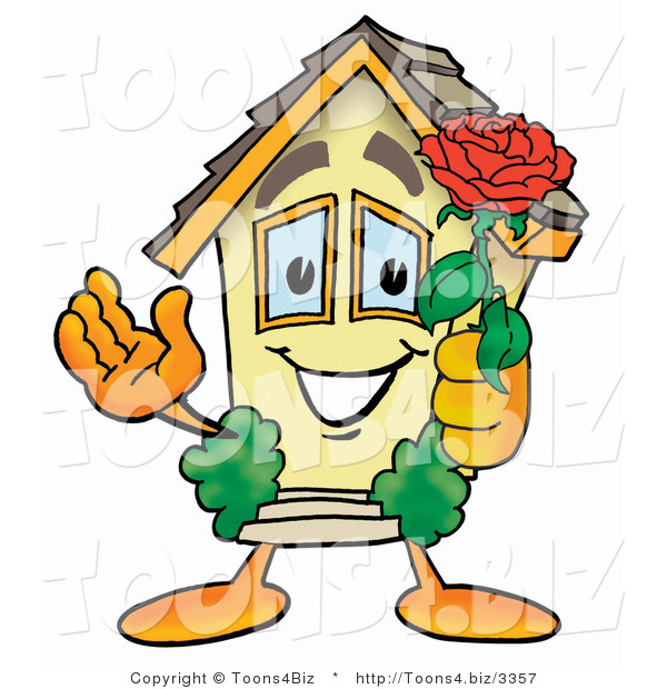 Illustration of a Cartoon House Mascot Holding a Red Rose on Valentines Day
