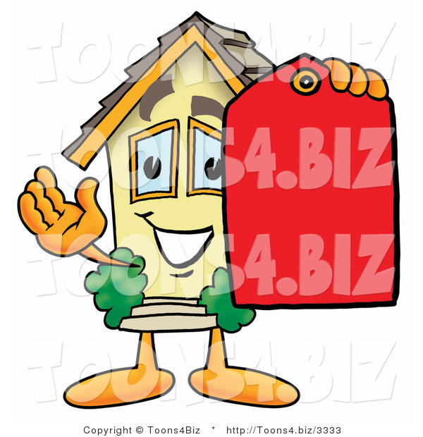 Illustration of a Cartoon House Mascot Holding a Red Sales Price Tag