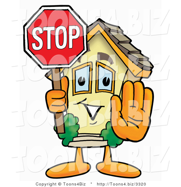 Illustration of a Cartoon House Mascot Holding a Stop Sign