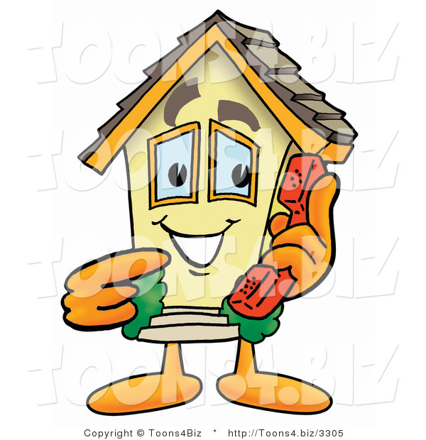 Illustration of a Cartoon House Mascot Holding a Telephone