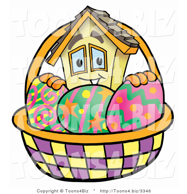 Illustration of a Cartoon House Mascot in an Easter Basket Full of Decorated Easter Eggs