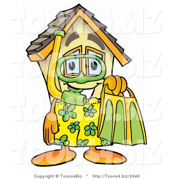 Illustration of a Cartoon House Mascot in Green and Yellow Snorkel Gear